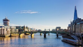 Southwark bridge over The River Thames and the city of London, England, UK - with the Shard