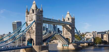 England, London, Tower Bridge with Uber Boat on River Thames