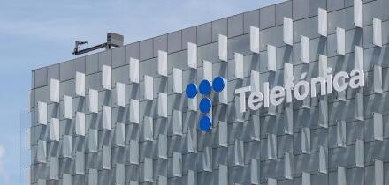 Facade of the Telefonica District building, on May 20, 2025, in Madrid (Spain). Telefonica has resolved the incident that since early Monday morning has affected fixed communications (voice and internet) of several autonomous communities, as well as vario