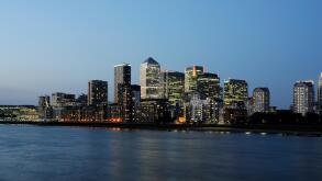 Canary Wharf skyline at dusk, from the South Bank of the Thames