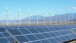 Photovoltaic solar panels and wind turbines, San Gorgonio Pass Wind Farm, Palm Springs, California, USA