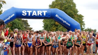 Runners on start line of men`s Midland 6 stage Road Relay race, Sutton Park, West Midlands, England, UK. Image shot 2007. Exact date unknown.