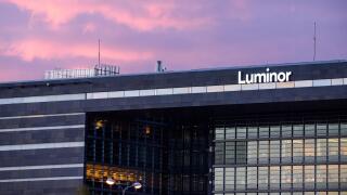 27.04.2018. RIGA, LATVIA. Facade of Luminor bank building in Riga, Latvia during sunset.