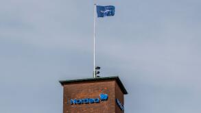 Aarhus, Denmark - 24 March 2020: The logo of the Nordea building in Aarhus.