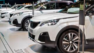 BRUSSELS - JAN 9, 2020: Row of new Peugeot car models presented at the Brussels Autosalon 2020 Motor Show.