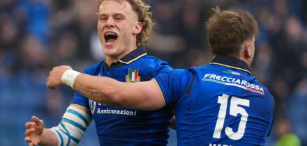 Roma, Italy. 07th Feb, 2026. Celebration after the Try of Louis Lynagh of Italy with Leonardo Marin during the Six Nations 2026 rugby match between Italy and Scotland at Stadio Olimpico in Roma, Italy on February 7, 2026. Credit: Insidefoto/Alamy Live News