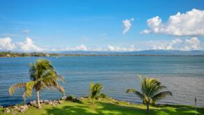 Beautiful green meadow by the shore of the Lake Izabal - the biggest lake in Guatemala. Central America