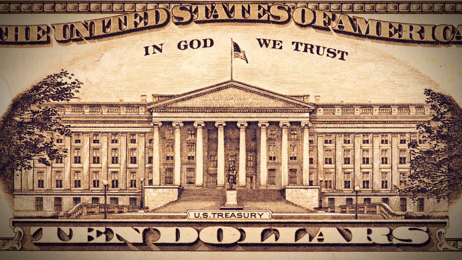 closeup back side of US $100 with U.S.Treasury.