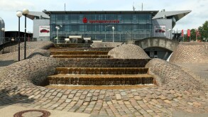 D-Kiel, Kiel Fjord, Baltic Sea, Schleswig-Holstein, Europe Square, well, trick fountains, cascades, Sparkassen Arena, former Ostseehalle, sports hall, exhibition hall