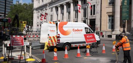 A worker with gas network supplier Cadent, starts drilling into the road surface while Cockspur Road is closed to traffic, causing wide disruption to the Trafalgar Square area, on 19th June 2023, in London, England.