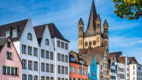 Cologne, Germany cityscape over the Rhine River.