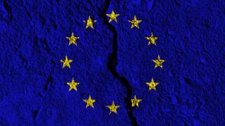 European Union flag with crack through the middle. Country divided concept