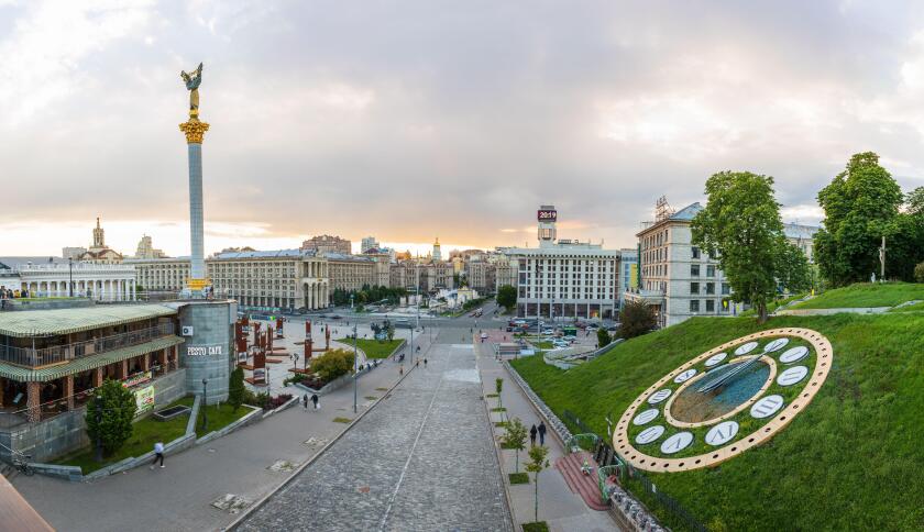 Independence Square in the centre of Kyiv city at sunset.