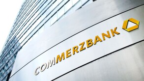 Logo on the headquarters of Commerzbank AG in the Commerzbank Tower, Frankfurt am Main, Hesse, Germany, Europe