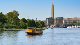 Washington DC, USA - 3 May 2024: Yellow water taxi on Potomac River in Washington DC