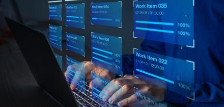 Agile software development with developer using Kanban board framework methodology on computer. Lean project management tool for fast changes, devops