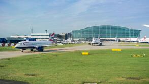 September 24, 2017 London/UK - British Airways airplanes leaving Terminal 5, Heathrow Airport