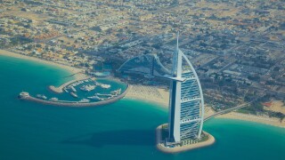 View of Burj Al Arab from seaplane, Dubai, United Arab Emirates, Middle East