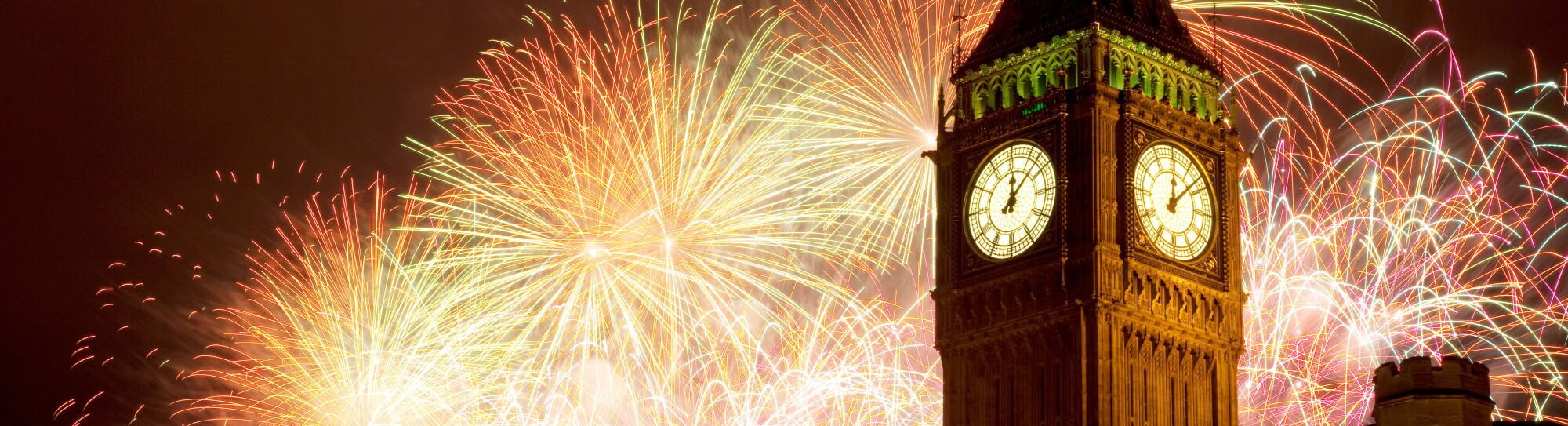 New Year fireworks and Big Ben, Westminster, London, England, United Kingdom, Europe