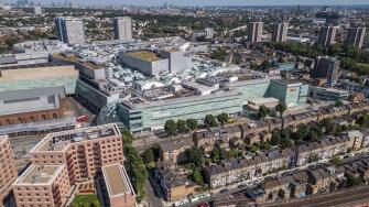 Aerial view of Westfield London, White City, London, UK.