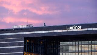 27.04.2018. RIGA, LATVIA. Facade of Luminor bank building in Riga, Latvia during sunset.