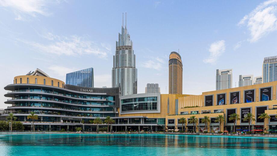 EMAAR Properties Dubai Mall overlooked by EMAAR high rise buildings, Downtown Dubai, Dubai, UAE