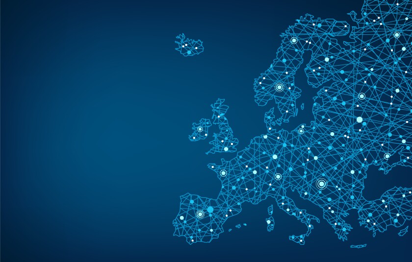 Connected map of Europe vector illustration background  – European Union concept: cooperation, technology, digitalization, future