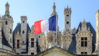 France, Loir et Cher, Loire Valley listed as World Heritage by UNESCO, Chambord, royal castle, flag of France, roofs and chimneys // France, Loir-et-C