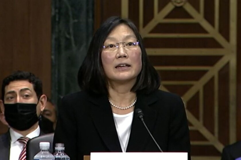 Judge Lucy Koh speaking at her nomination hearing in front of the Senate Judiciary Committee on Wednesday, October 6