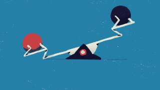 Business and lifestyle balance concept with balanced balls on Blue background Illustration. Bauhaus vibe.