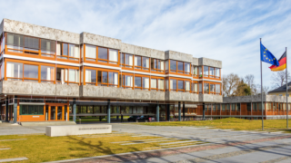 Entrance, sign, and side-buildings of the German Federal Constitutional Court, or Bundesverfassungsgericht (BGH), the country's top court