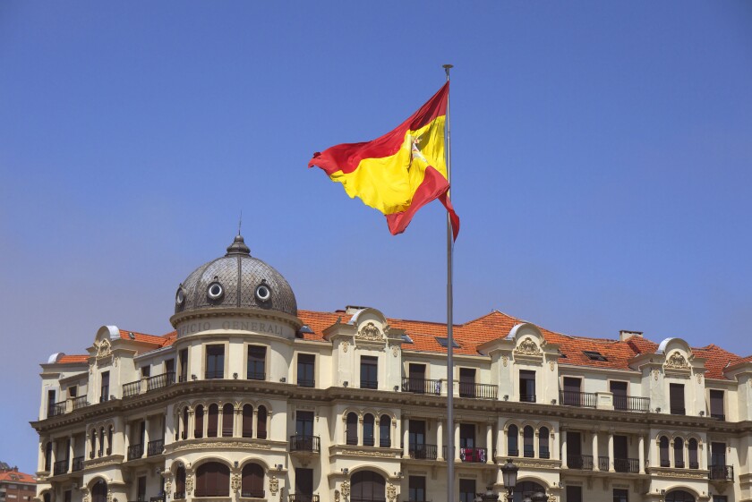 The Spanish national flag flying in Santander, Spain.