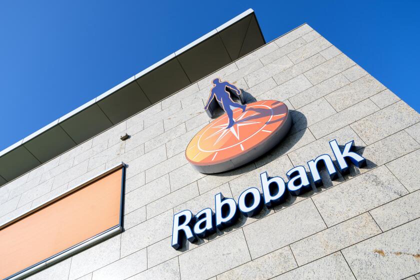 Rabobank sign at branch. Rabobank is the second-largest bank in the Netherlands in terms of total assets.