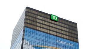 TD Bank Building in Vancouver covered with Samsung giant banner for 2010 Winter Olympics