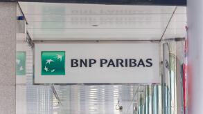 BNP Paribas bank logo installed on top of a ground floor ceiling for marketing purpose. Singapore.