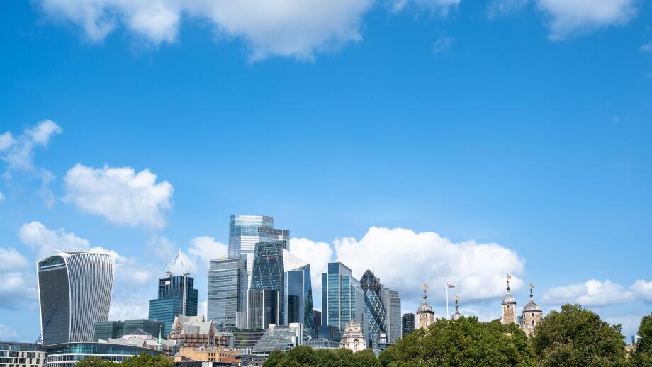 The City of London and Tower of London under a blue sky in summer, England