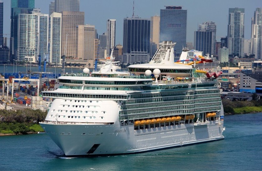 Royal Carribean Cruise Ship Navigator of the Seas departs Port of Miami almost empty due to Covid-19 Corona Virus like a ghost ship