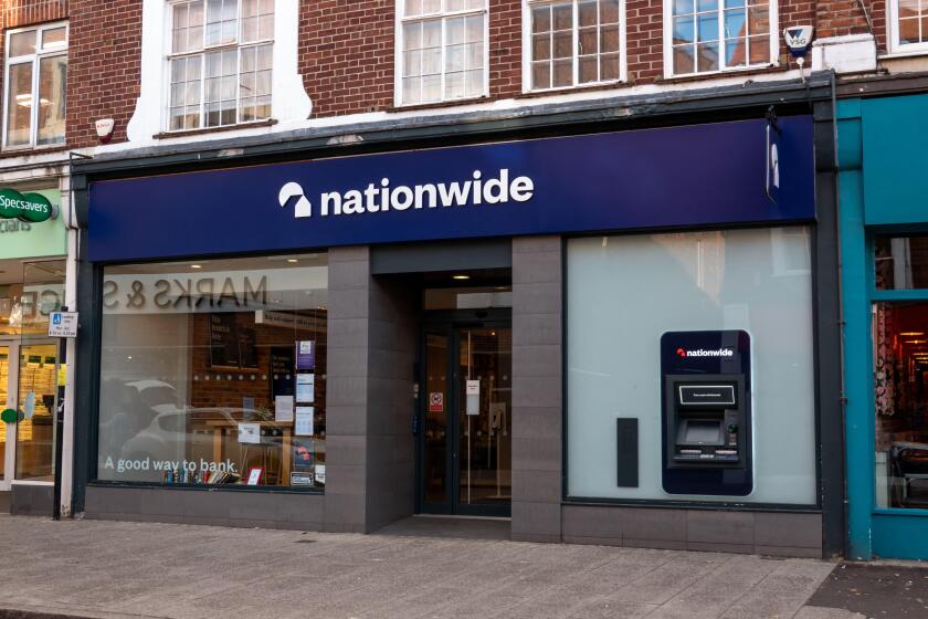 Nationwide bank branch in Bishops Stortford, Hertfordshire. Features the bank's signage and an ATM.