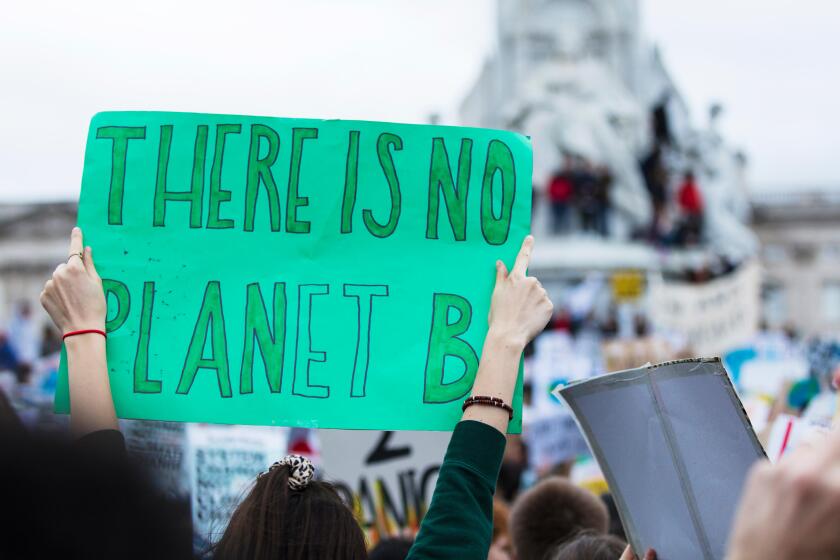 People with banners protest as part of a climate change march