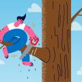 Man saw branch he sit on risk fall down lose everything. Stupid careless male employee or worker involved in risky business project, experience failur