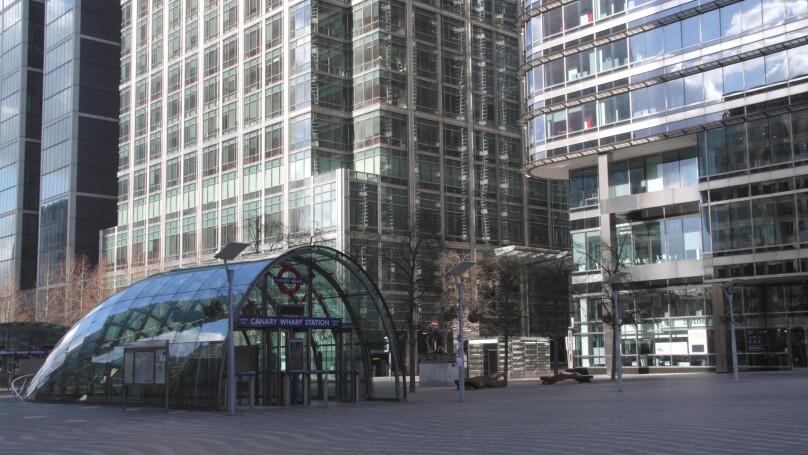 East entrance to Canary Wharf tube station Docklands London