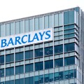 Logo on the headquarters of the Barclays Bank in Canary Wharf in London, England, United Kingdom, Europe