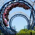 Sandusky, Ohio, USA / June 13th 2024 - The Cork Screw rollercoaster at Cedar Park, Sandusky, Ohio. USA