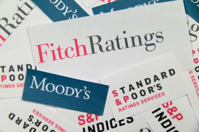 The logos of Fitch Ratings, Moody's and Standard & Poor's, the world's primary credit rating agencies.