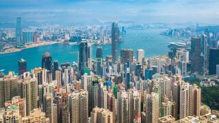 Hong Kong City skyline day time view from Victoria Peak.