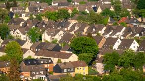 Housing estate in the countryside, terraced houses, apartment buildings, parts of former mining estate
