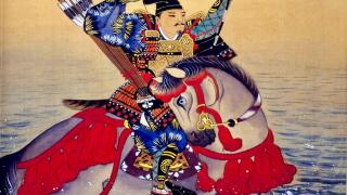 Painting of Nasu no Yoichi, a famous samurai archer, during the Battle of Yashima in 1184
