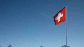 Swiss flag and Swiss Alps, Ruogig, Switzerland