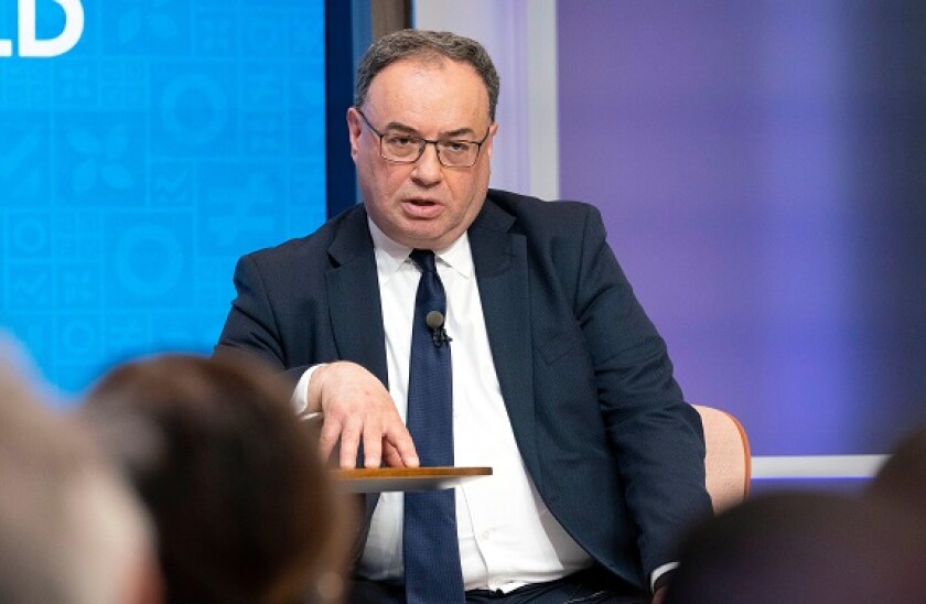 Governor, Bank of England Andrew Bailey speaks at a forum Price Stability and Financial Stability in an Uncertain World during the World Bank/IMF Spring Meetings at the International Monetary Fund (IMF) headquarters in Washington, Wednesday, April 12, 202