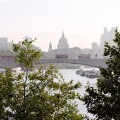 London, UK. Waterloo Bridge, St Paul's Cathedral, River Thames and London Skyline with green trees and red buses